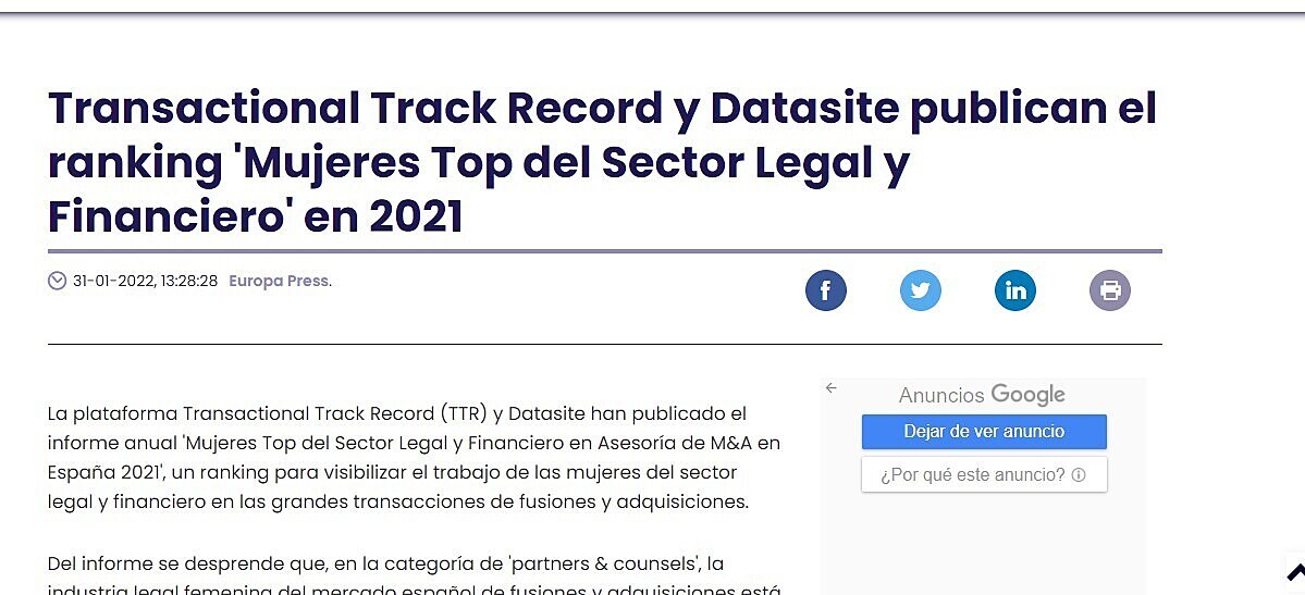 Transactional Track Record y Datasite publican el ranking 'Mujeres Top del Sector Legal y Financiero' en 2021